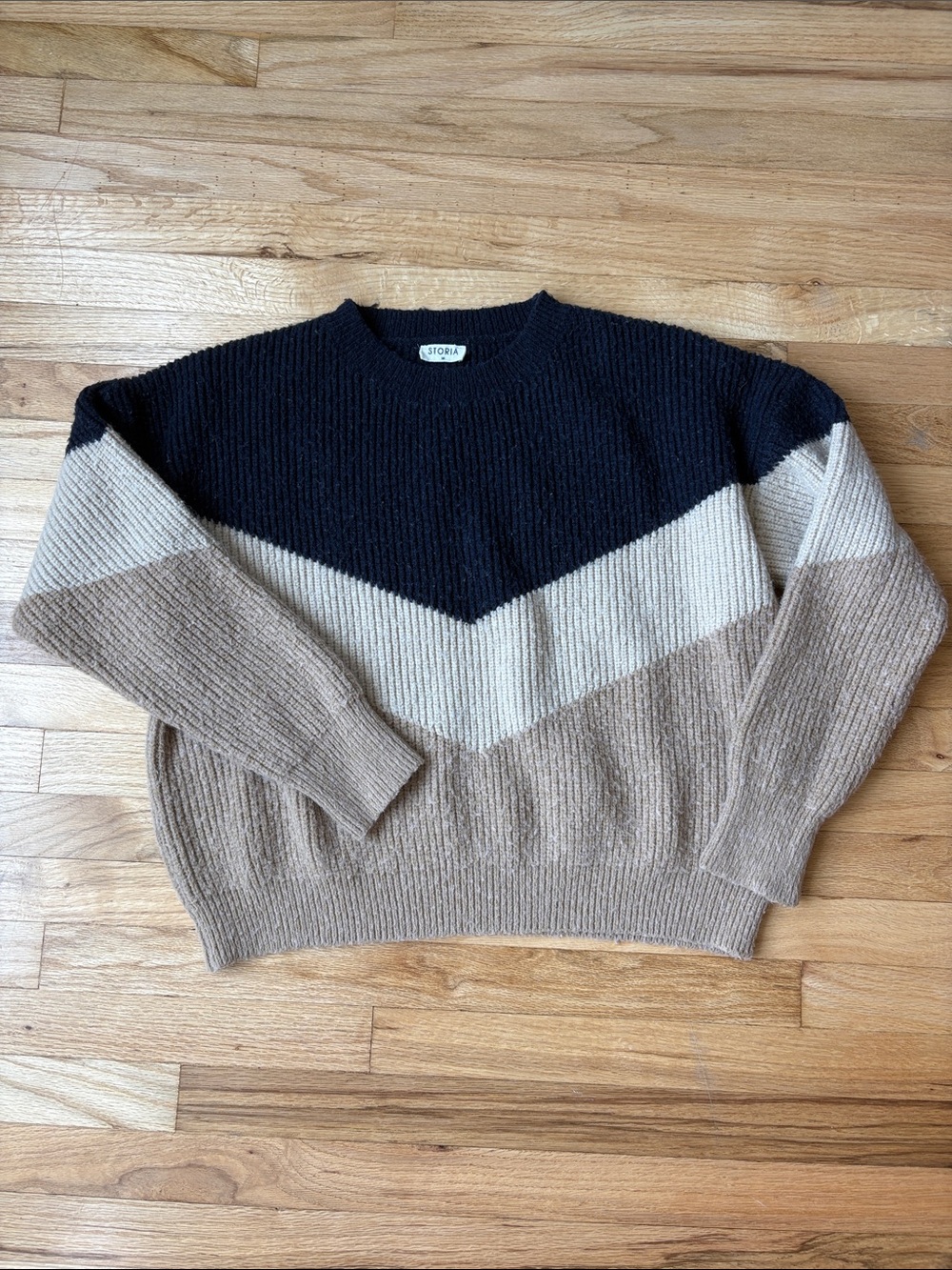 Crewneck Sweater in Navy, Cream & Tan